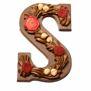 Blokletter opgespoten praliné groot melk, wit of puur